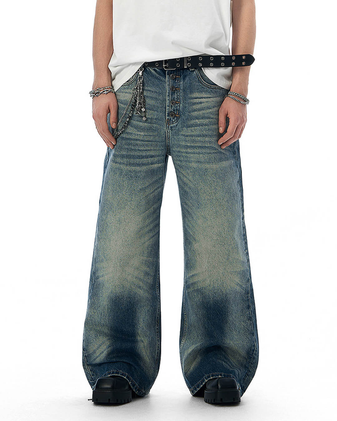 JHYQ Blue Multi Button Whiskered Washed Loose Fit Jeans | Face 3 Face