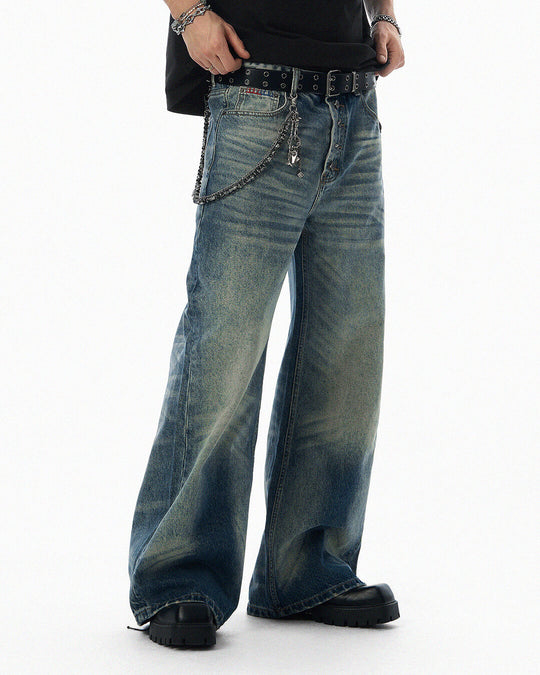 JHYQ Blue Multi Button Whiskered Washed Loose Fit Jeans | Face 3 Face