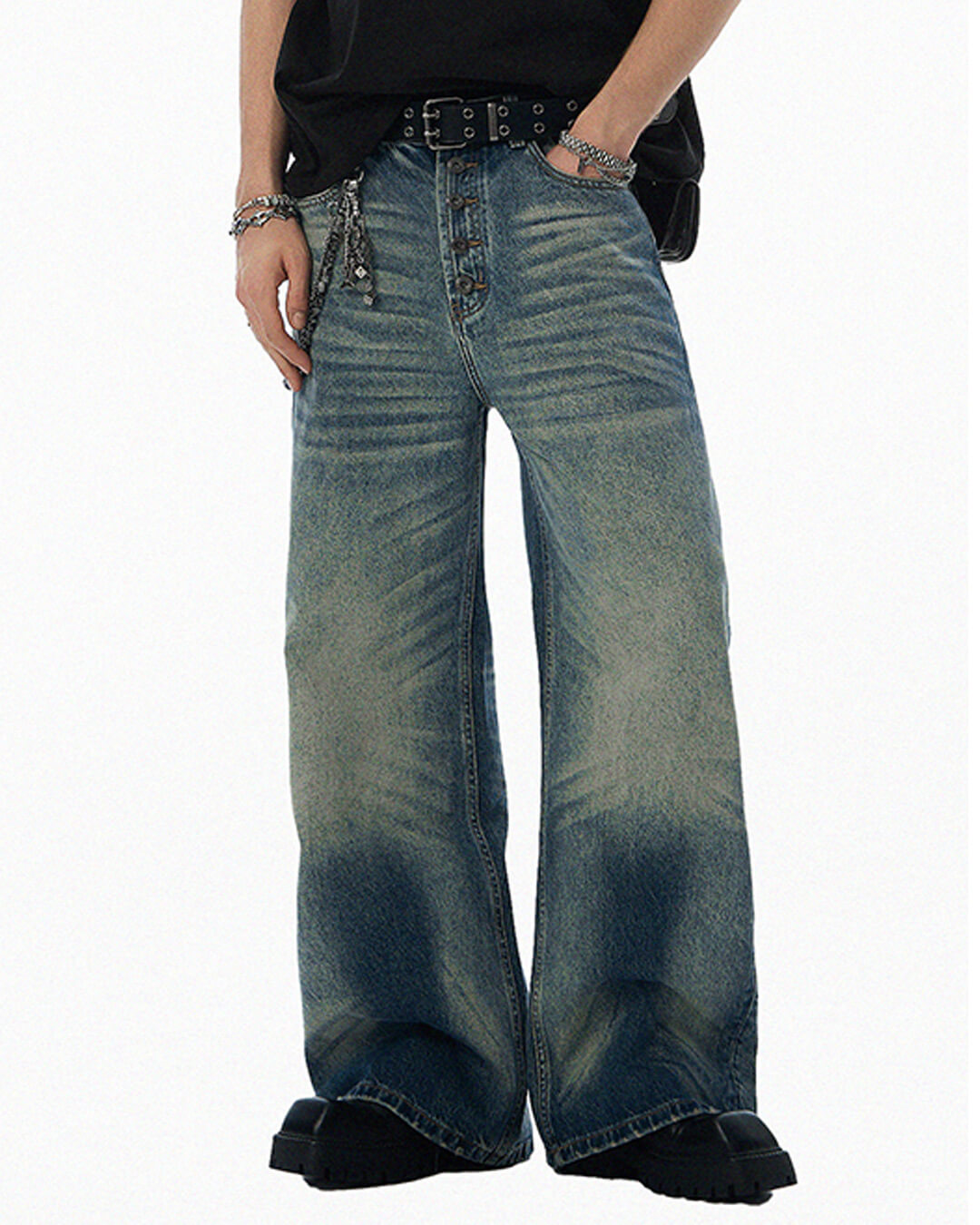 JHYQ Blue Multi Button Whiskered Washed Loose Fit Jeans | Face 3 Face