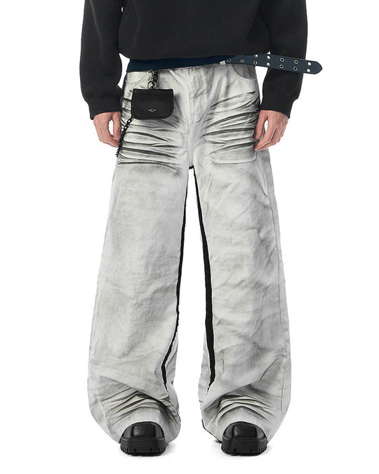 JHYQ Contrast Inner Stripe Distressed Washed White Baggy Jeans | Face 3 Face