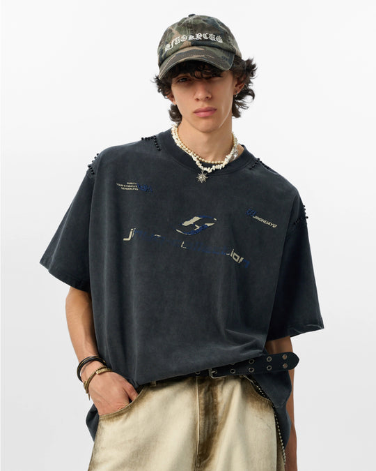 JHYQ Destruction Washed Mottled Print Beads Tee | Face 3 Face