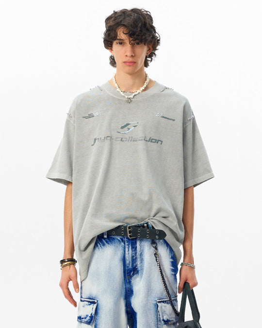 JHYQ Destruction Washed Mottled Print Beads Tee | Face 3 Face