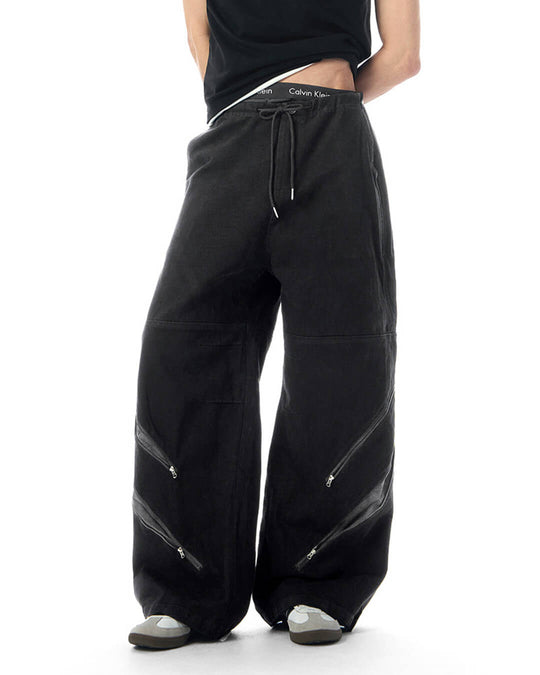 JHYQ Diagonal Zipper Detail Contrast Stripe Baggy Pants | Face 3 Face