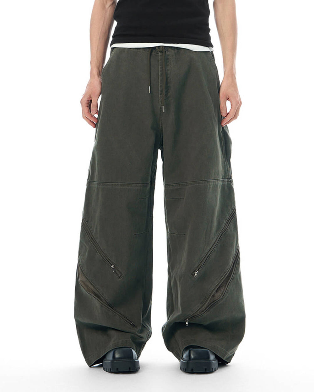 JHYQ Diagonal Zipper Detail Contrast Stripe Baggy Pants