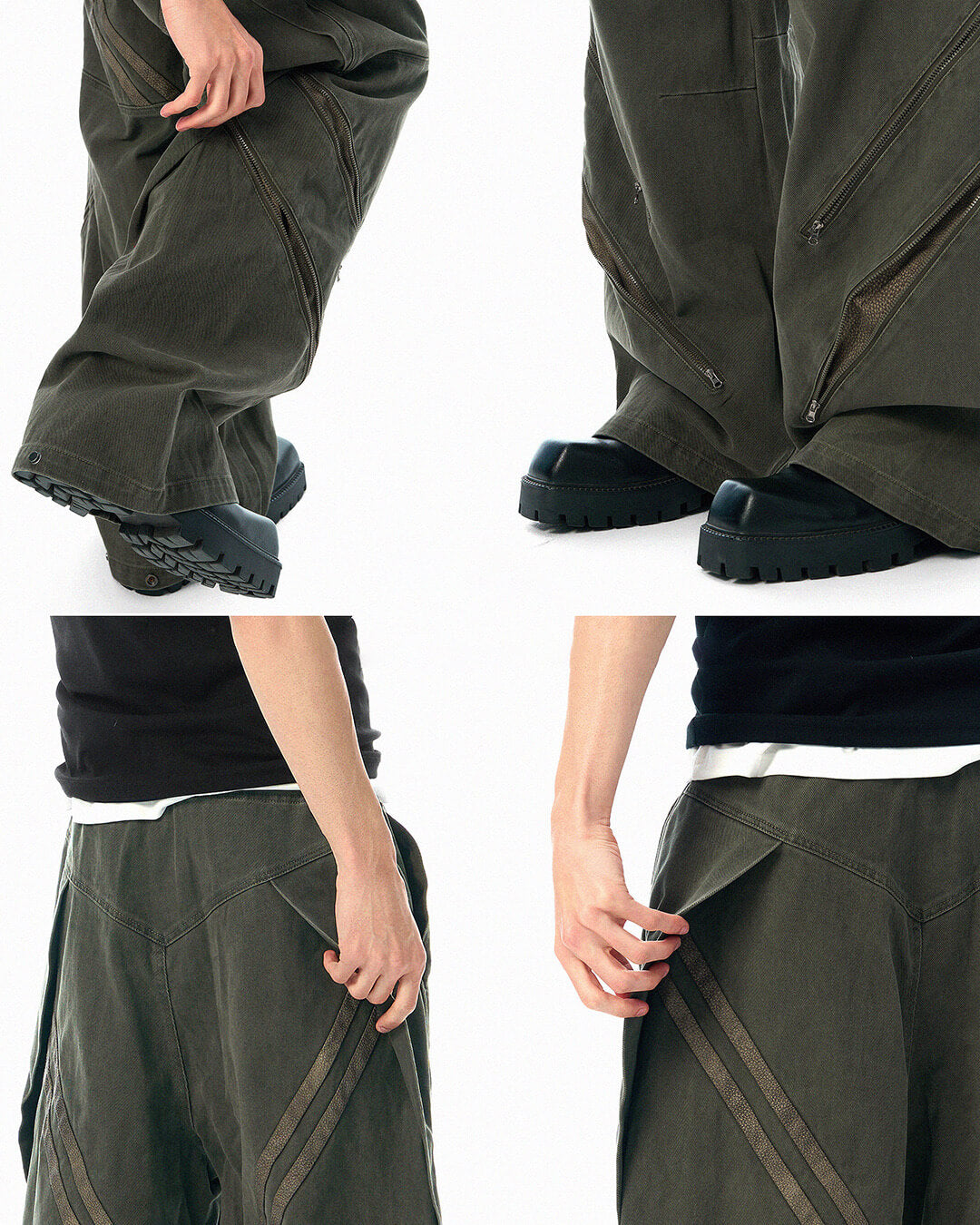 JHYQ Diagonal Zipper Detail Contrast Stripe Baggy Pants | Face 3 Face