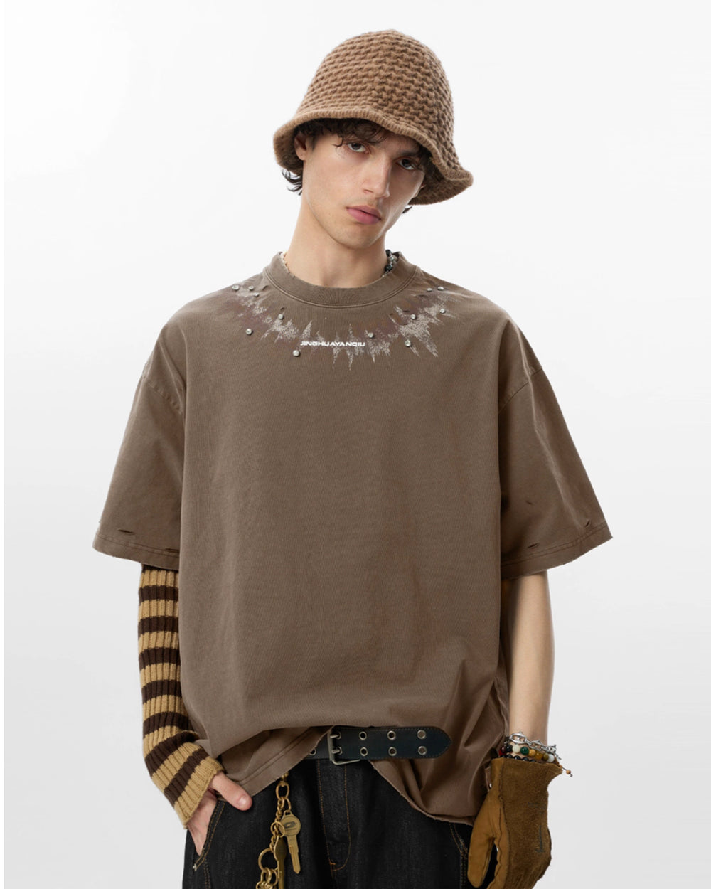 JHYQ Diamond Stud Logo Print Distressed Tee | Face 3 Face