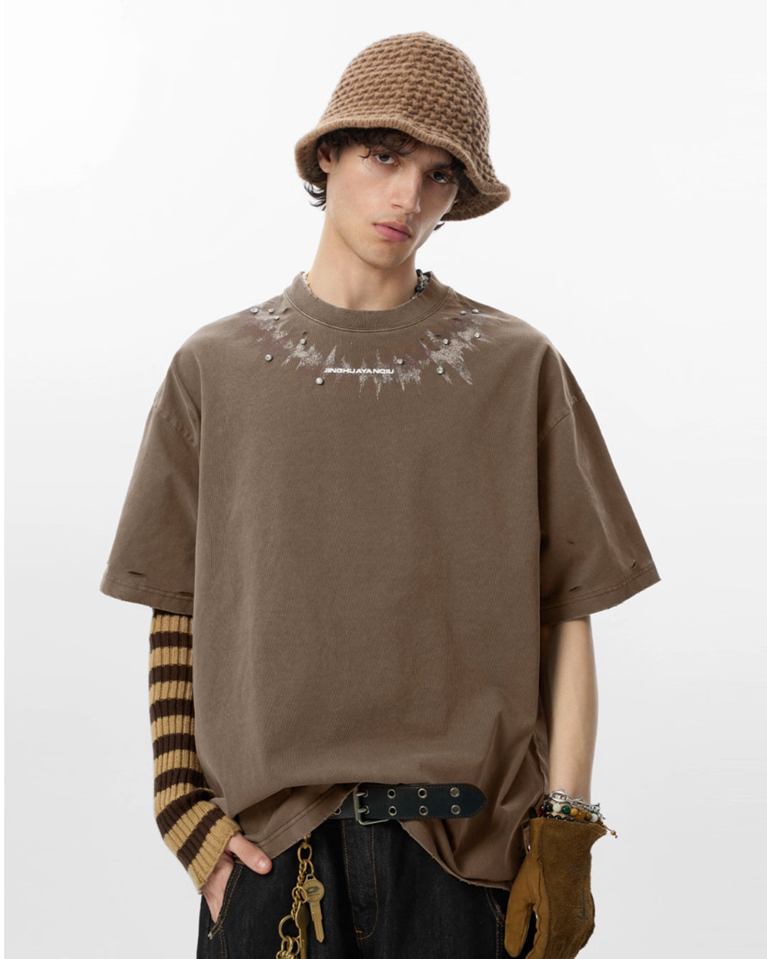 JHYQ Diamond Stud Logo Print Distressed Tee | Face 3 Face