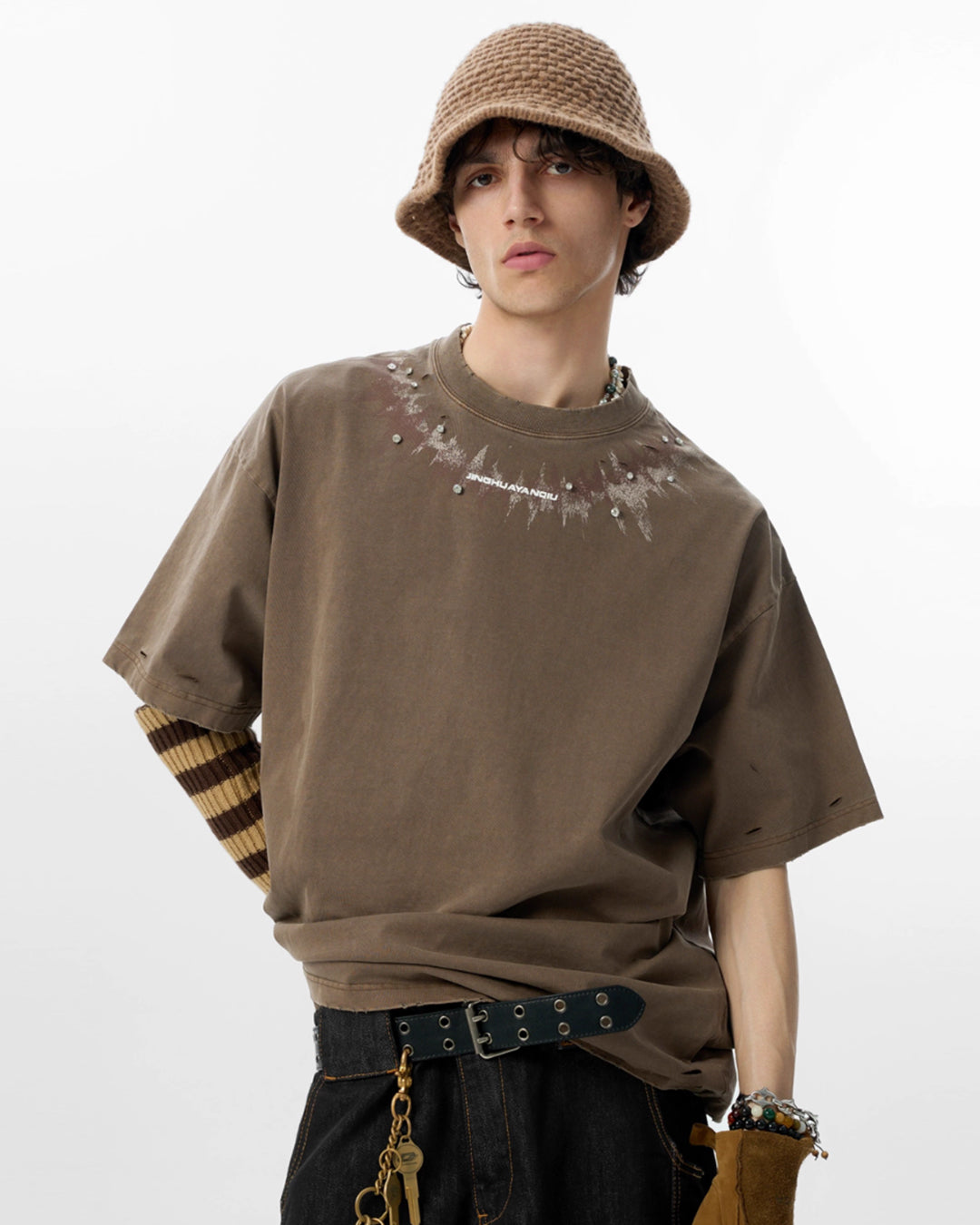 JHYQ Diamond Stud Logo Print Distressed Tee | Face 3 Face