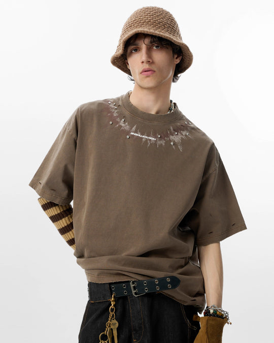 JHYQ Diamond Stud Logo Print Distressed Tee | Face 3 Face