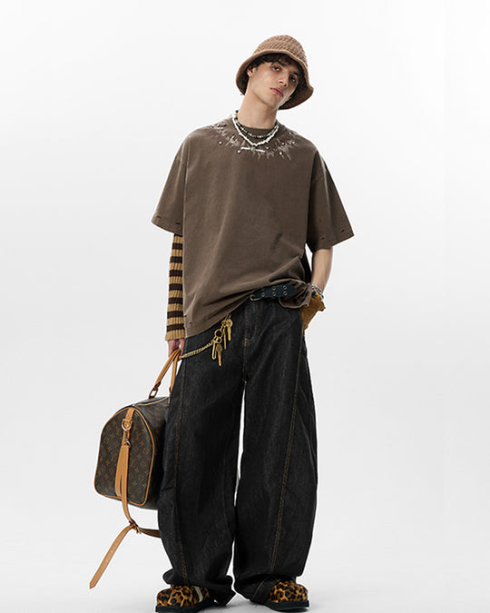 JHYQ Diamond Stud Logo Print Distressed Tee | Face 3 Face