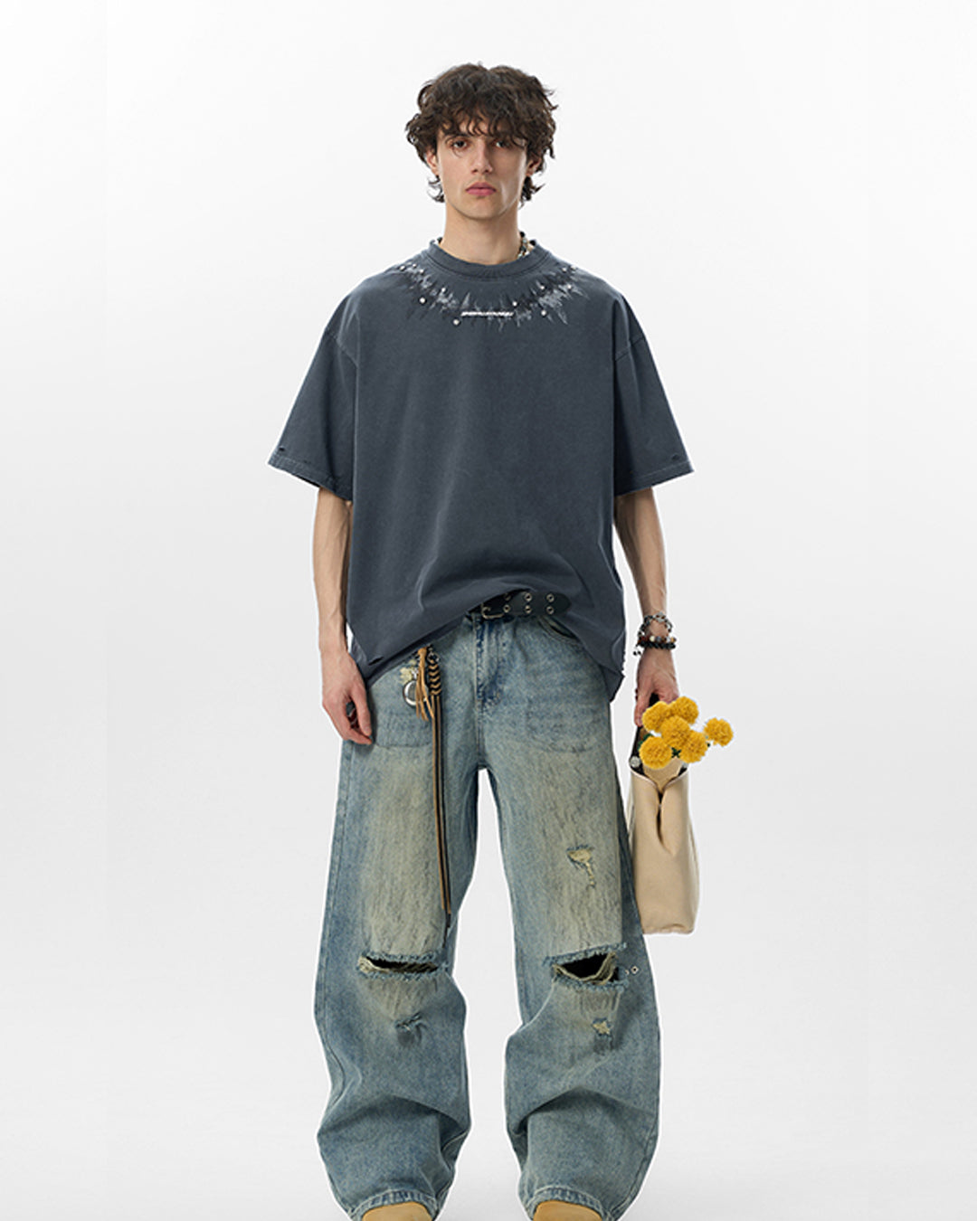 JHYQ Diamond Stud Logo Print Distressed Tee | Face 3 Face