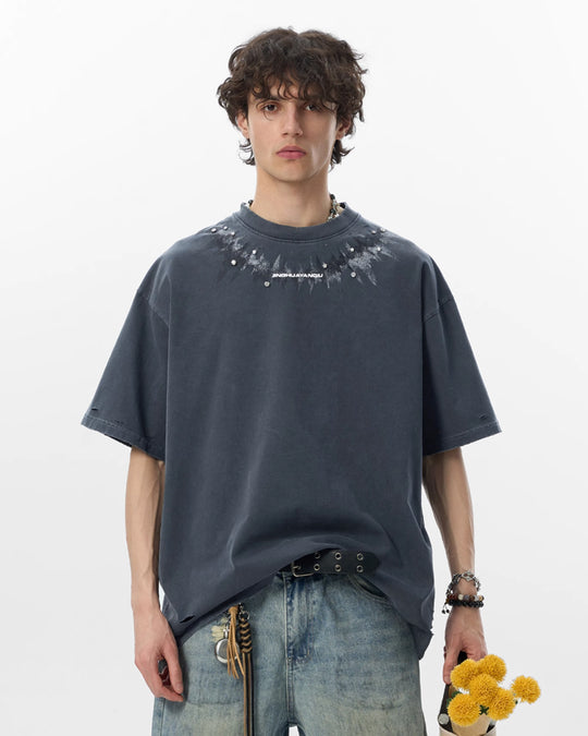 JHYQ Diamond Stud Logo Print Distressed Tee | Face 3 Face