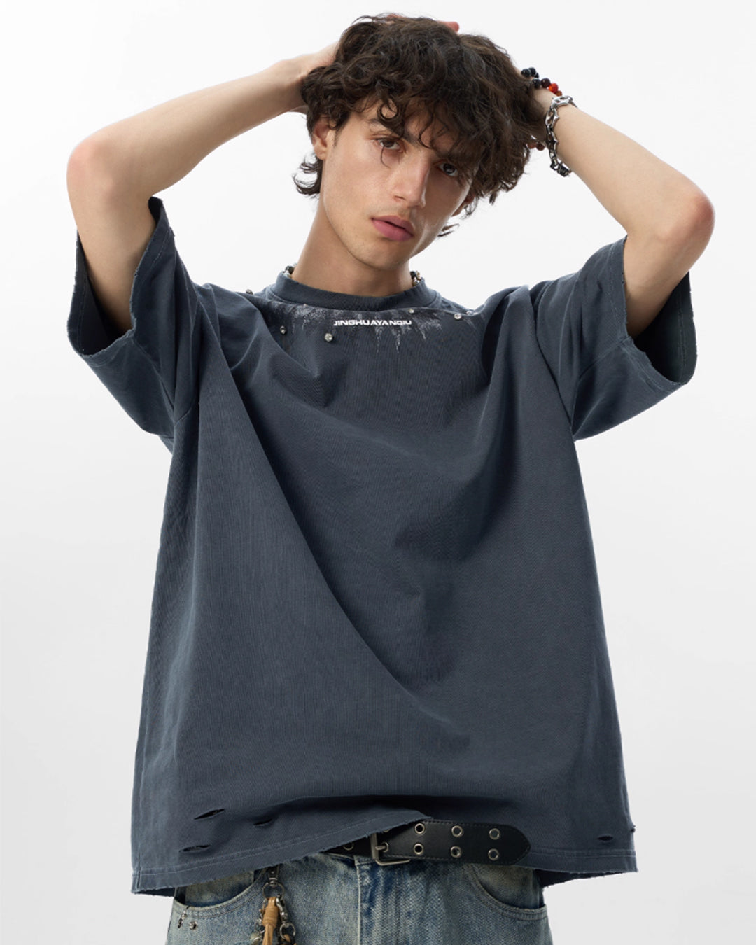 JHYQ Diamond Stud Logo Print Distressed Tee | Face 3 Face