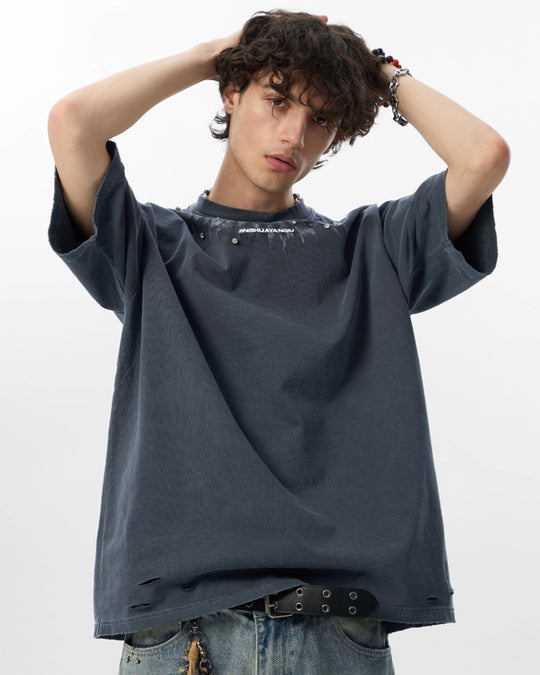 JHYQ Diamond Stud Logo Print Distressed Tee | Face 3 Face