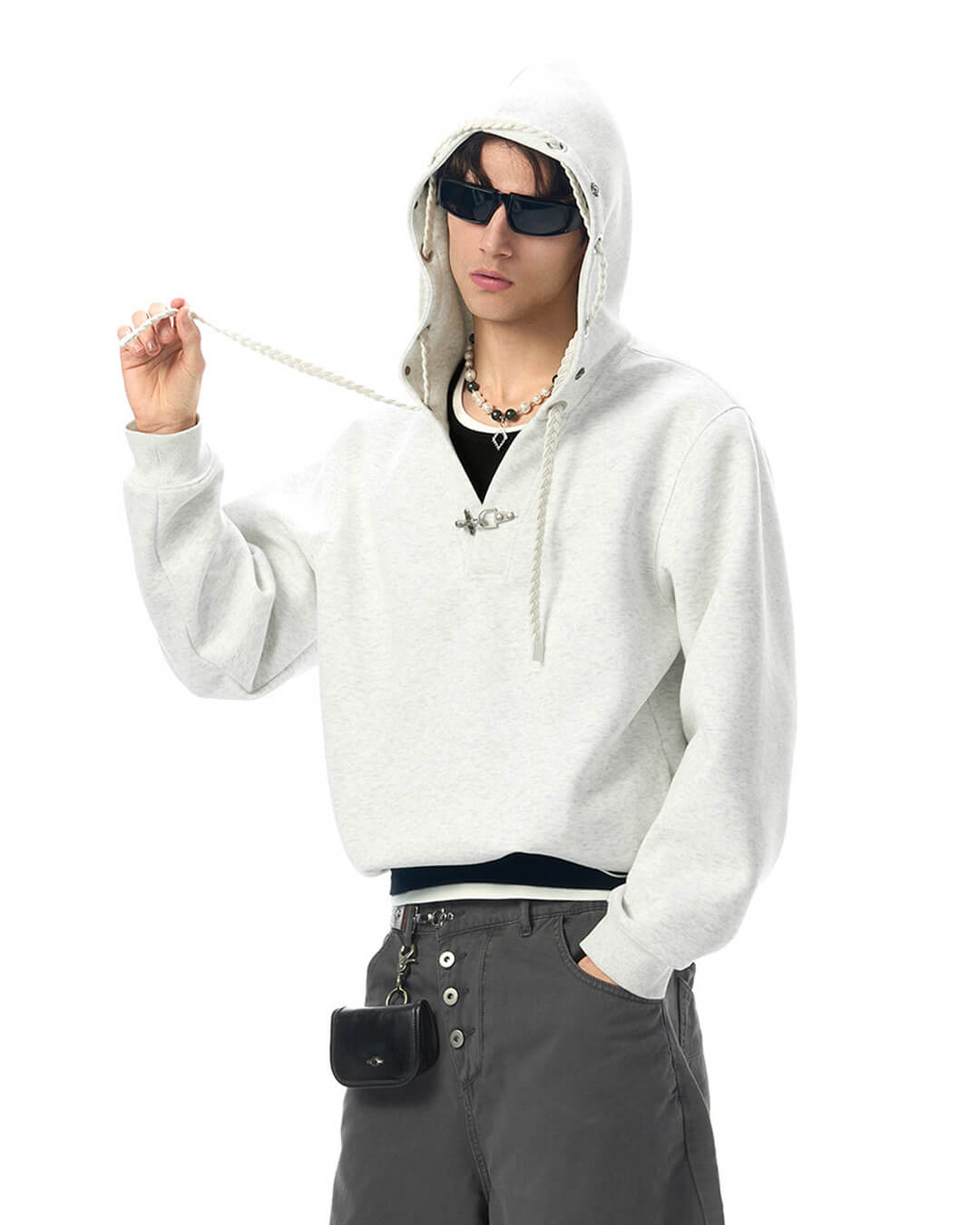 JHYQ Eye Rivet Rope Drawstring V Neck Cropped Hoodie | Face 3 Face