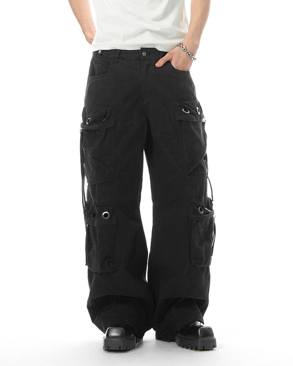 JHYQ Eyelet Detail 3D Multi Pocket Baggy Cargo Pants
