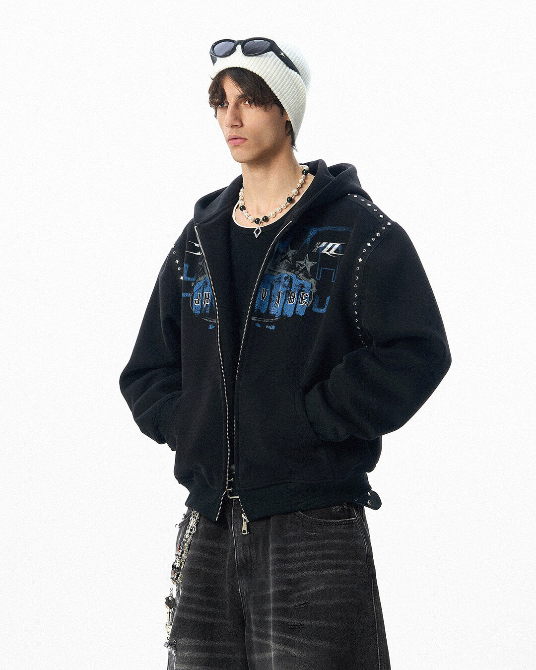 JHYQ Fist Print Rivet Shoulder Detail Cropped Zip Up Hoodie | Face 3 Face