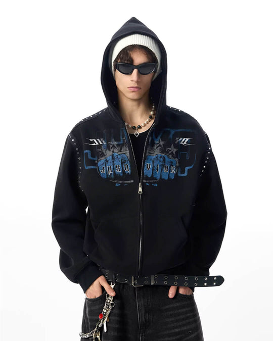 JHYQ Fist Print Rivet Shoulder Detail Cropped Zip Up Hoodie | Face 3 Face