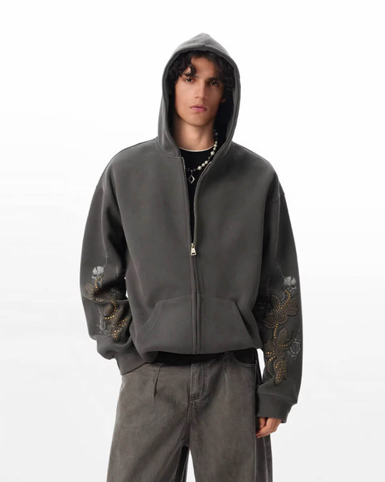 JHYQ Floral Print Studded Double Zipper Hoodie | Face 3 Face