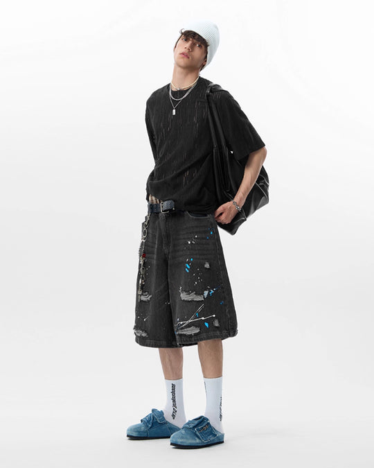 JHYQ Ink Splash Distressed Denim Shorts | Face 3 Face