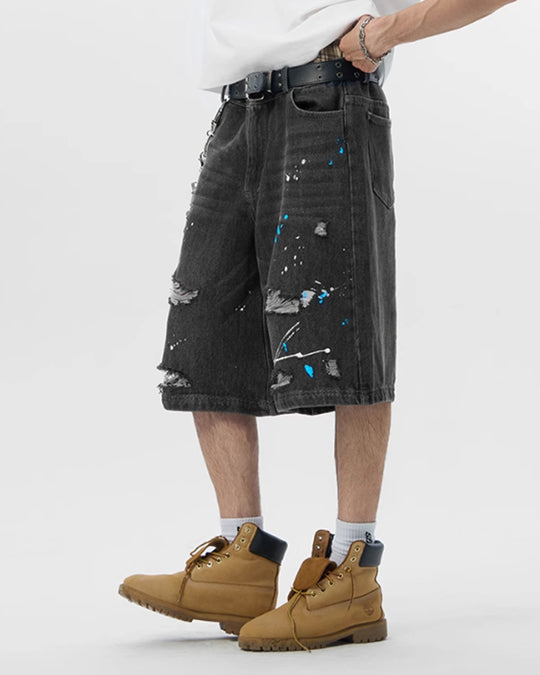 JHYQ Ink Splash Distressed Denim Shorts | Face 3 Face