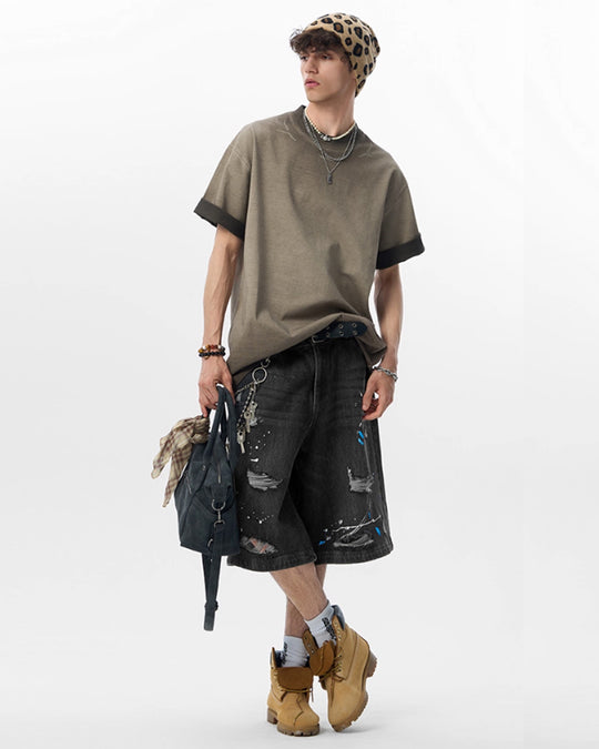 JHYQ Ink Splash Distressed Denim Shorts | Face 3 Face