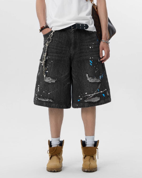JHYQ Ink Splash Distressed Denim Shorts | Face 3 Face