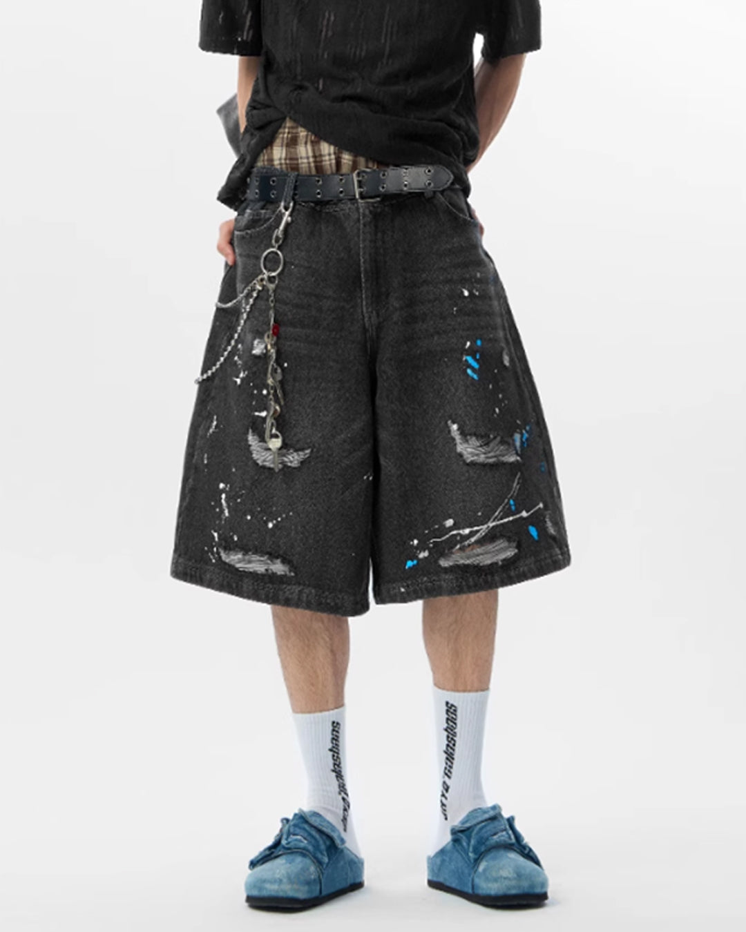 JHYQ Ink Splash Distressed Denim Shorts | Face 3 Face