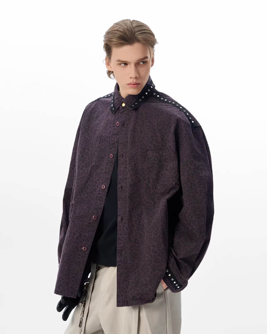 JHYQ Leopard Print Metal Studded Shirt Jacket | Face 3 Face