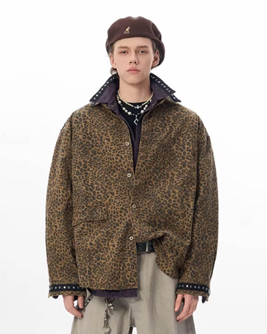 JHYQ Leopard Print Metal Studded Shirt Jacket | Face 3 Face
