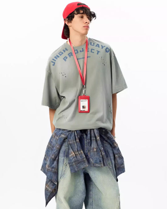 JHYQ Letter Print Distressed Washed Tee | Face 3 Face