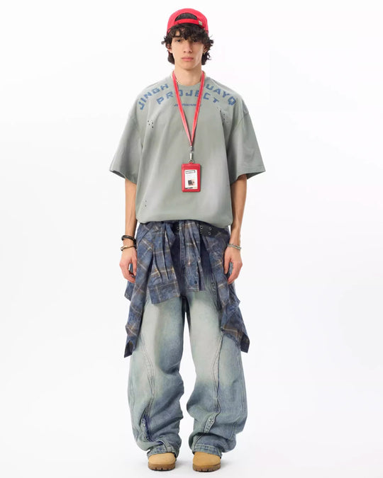 JHYQ Letter Print Distressed Washed Tee | Face 3 Face