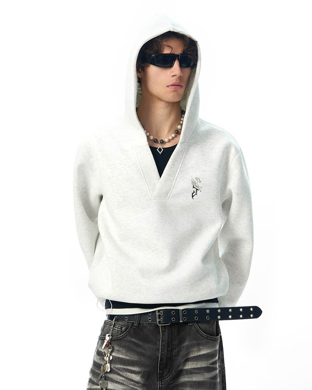 JHYQ Pegasus Logo V Neck Cropped Hoodie | Face 3 Face