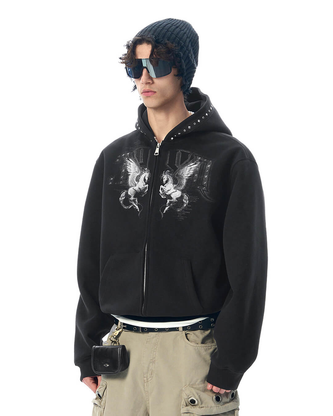 JHYQ Pegasus Print Rivet Hood Cropped Zip Up Hoodie | Face 3 Face