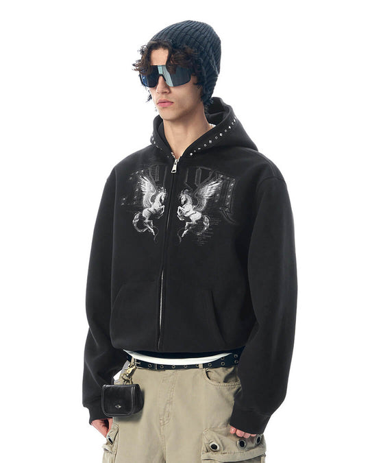 JHYQ Pegasus Print Rivet Hood Cropped Zip Up Hoodie | Face 3 Face