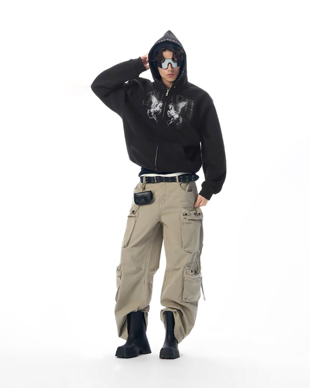 JHYQ Pegasus Print Rivet Hood Cropped Zip Up Hoodie | Face 3 Face