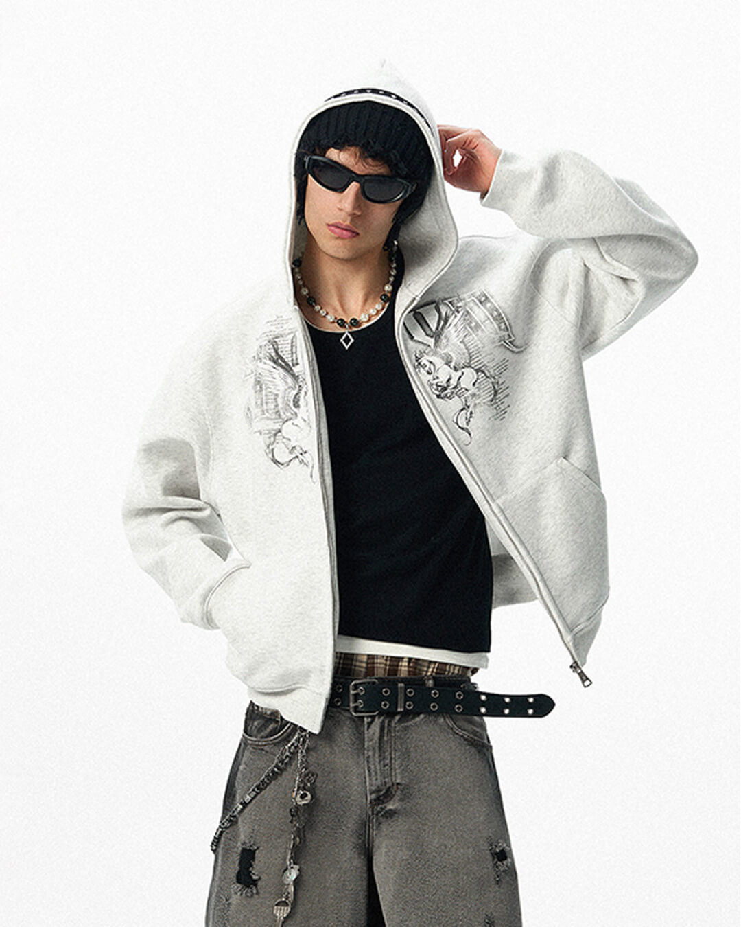 JHYQ Pegasus Print Rivet Hood Cropped Zip Up Hoodie | Face 3 Face