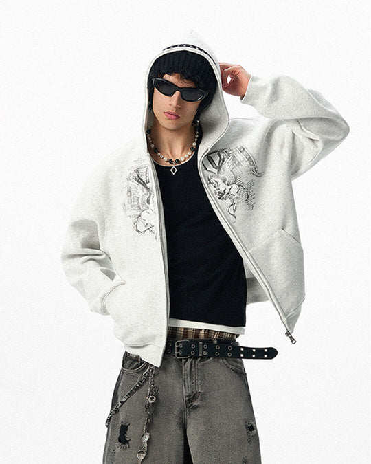 JHYQ Pegasus Print Rivet Hood Cropped Zip Up Hoodie | Face 3 Face