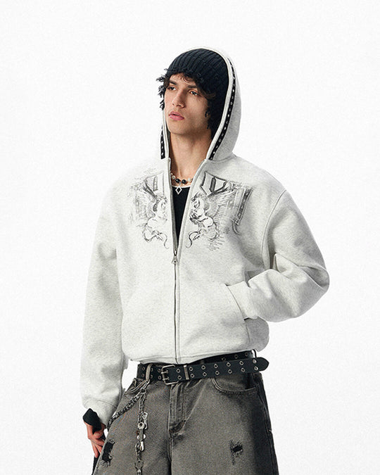 JHYQ Pegasus Print Rivet Hood Cropped Zip Up Hoodie | Face 3 Face