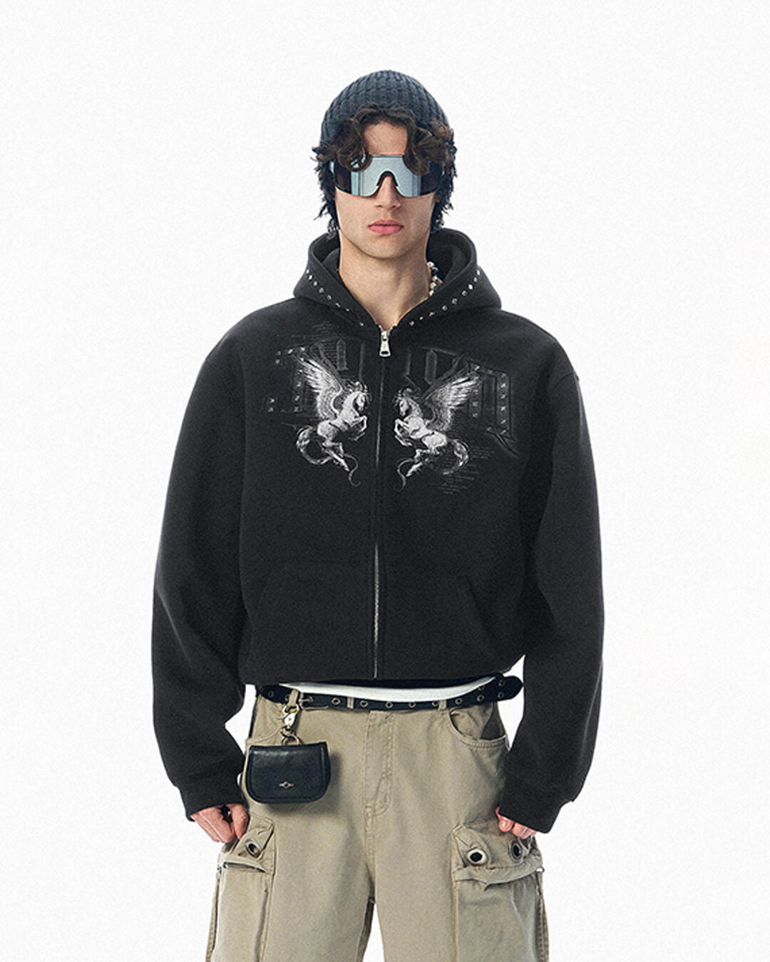 JHYQ Pegasus Print Rivet Hood Cropped Zip Up Hoodie | Face 3 Face