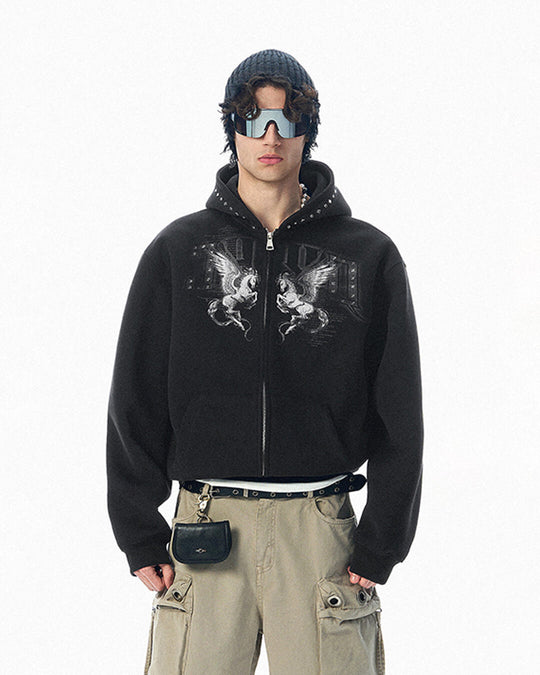 JHYQ Pegasus Print Rivet Hood Cropped Zip Up Hoodie | Face 3 Face