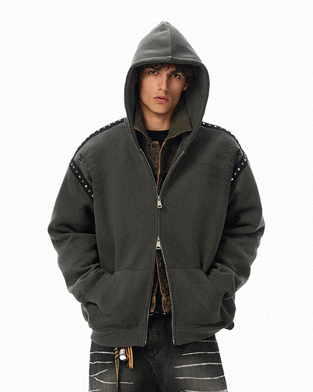 JHYQ Punk Style Studded Double Zipper Hoodie | Face 3 Face