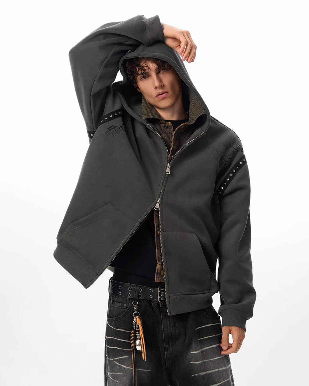 JHYQ Punk Style Studded Double Zipper Hoodie | Face 3 Face