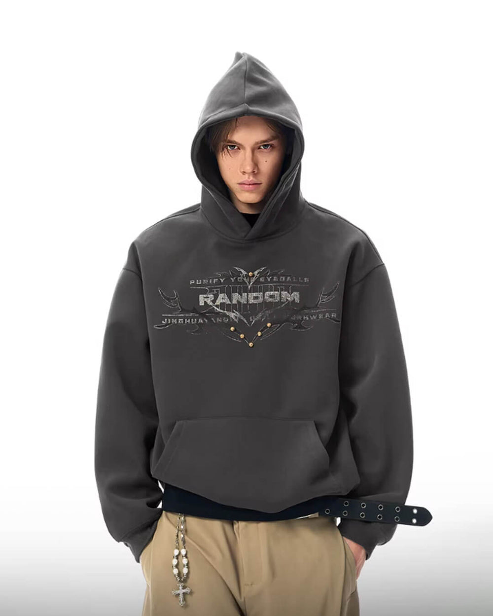 JHYQ RANDOM Letter Print Studded Hoodie | Face 3 Face