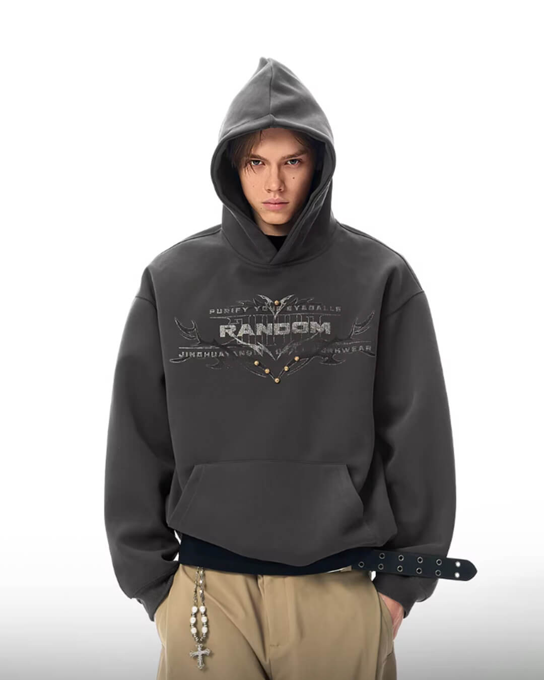 JHYQ RANDOM Letter Print Studded Hoodie | Face 3 Face