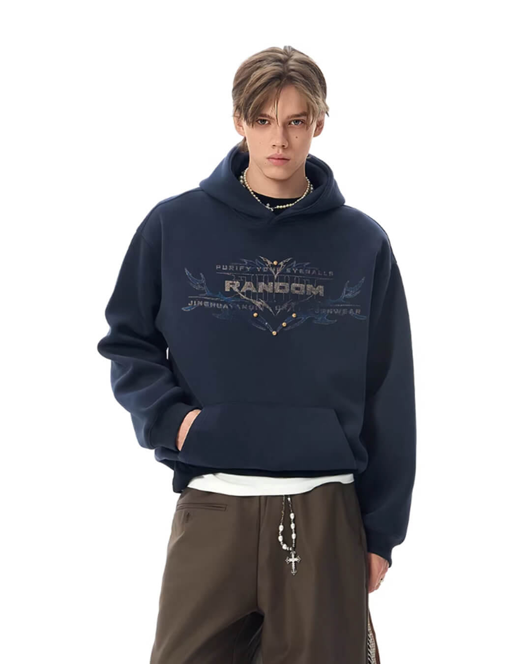 JHYQ RANDOM Letter Print Studded Hoodie | Face 3 Face