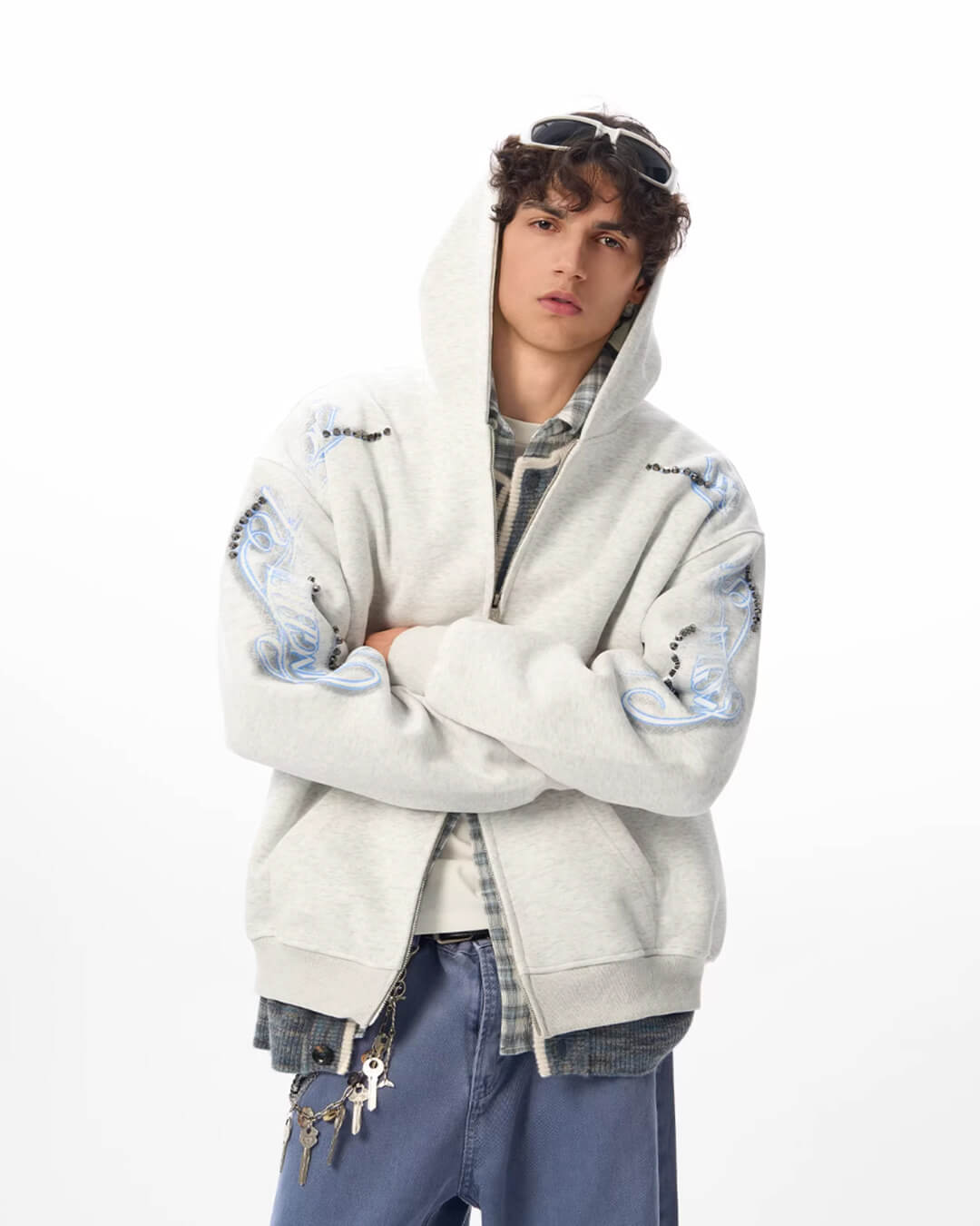 JHYQ Studded Calligraphy Print Double Zipper Hoodie | Face 3 Face