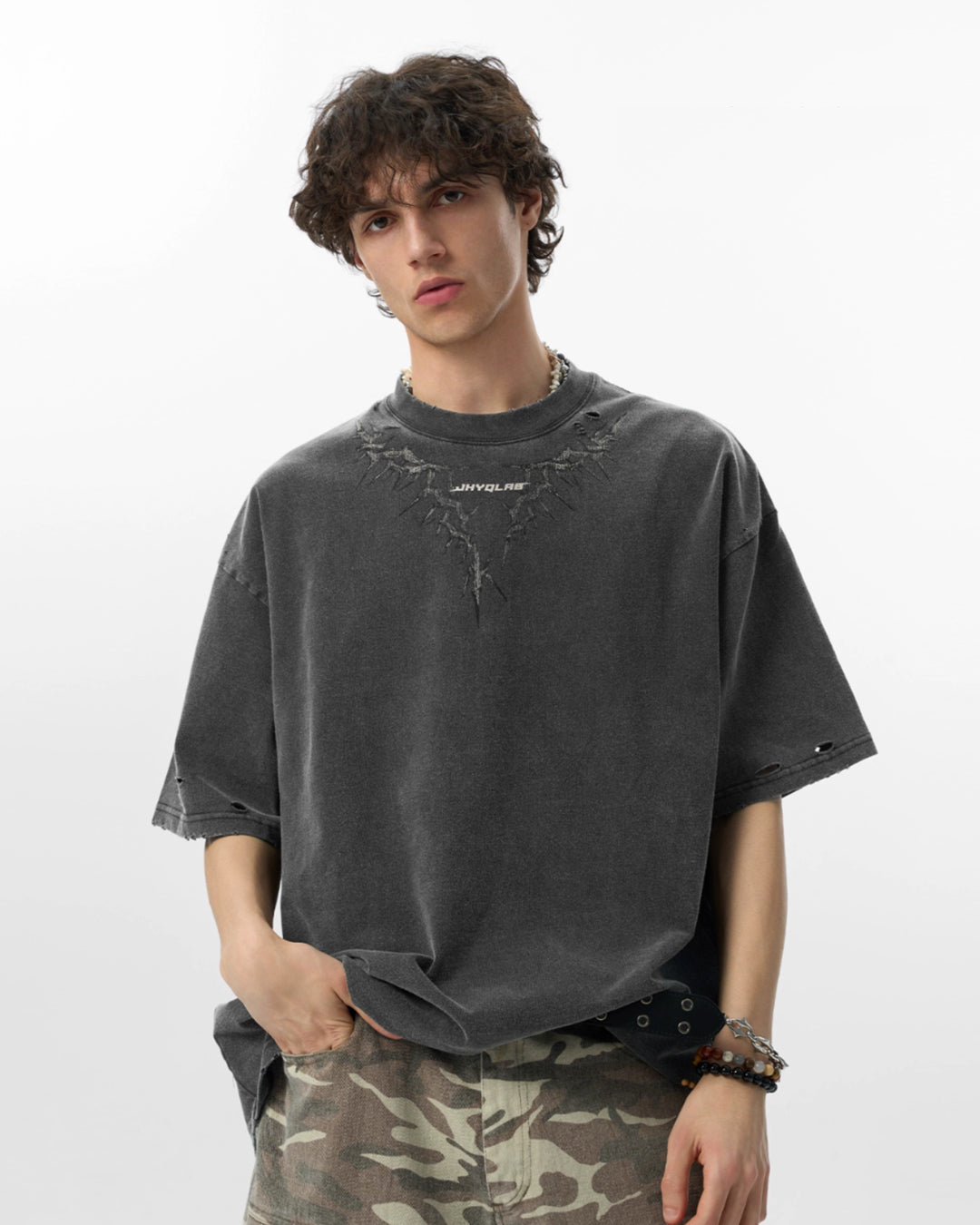 JHYQ Thorn Print Destruction Washed Tee | Face 3 Face