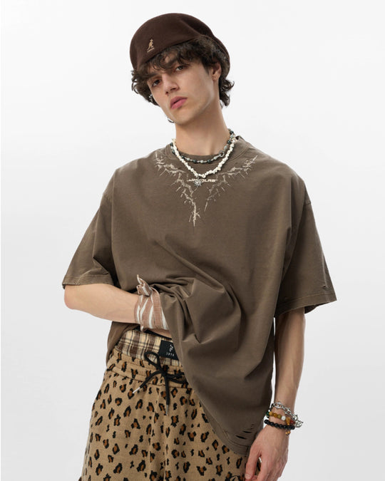 JHYQ Thorn Print Destruction Washed Tee | Face 3 Face