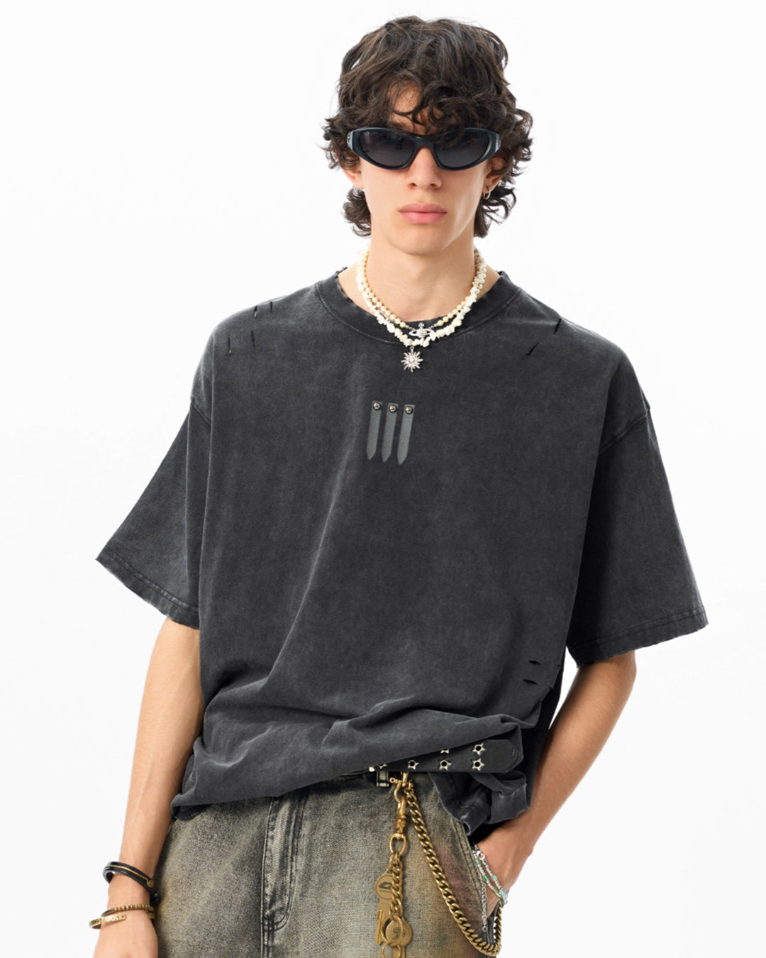 JHYQ Three Bar Beads Distressed Washed Tee | Face 3 Face